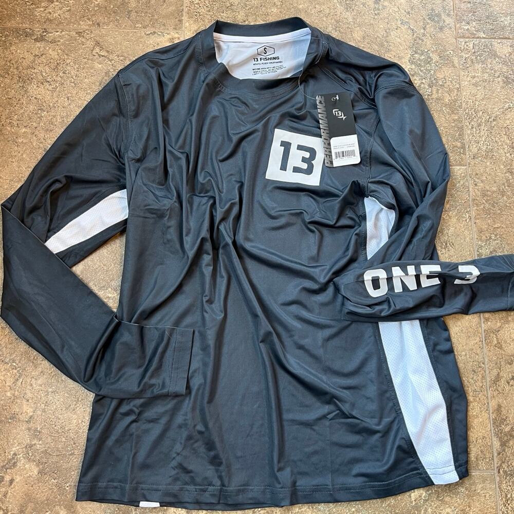 13 Fishing, men's size S, fishing shirt, gray, long sleeve "More than Luck"